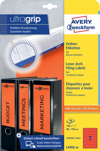 Rugetiket Avery smal 38x192mm zelfklevend rood