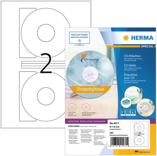Etiket HERMA 4471 CD 116mm wit opaqua 200stuks