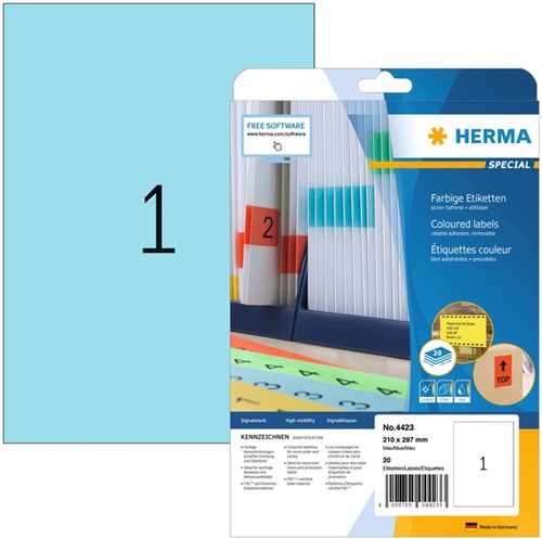 Etiket HERMA 4423 210x297mm A4 verwijderbaar blauw 20 stuks