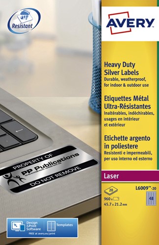 Etiket Avery L6009-20 45.7x21.2mm zilver 960 stuks-2