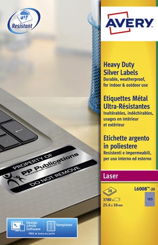 Etiket Avery L6008-20 25.4x10mm zilver 3780 etiketten-2