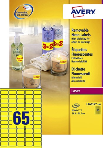 Etiket Avery L7651Y-100 38.1x21.2mm neon geel 6500 stuks