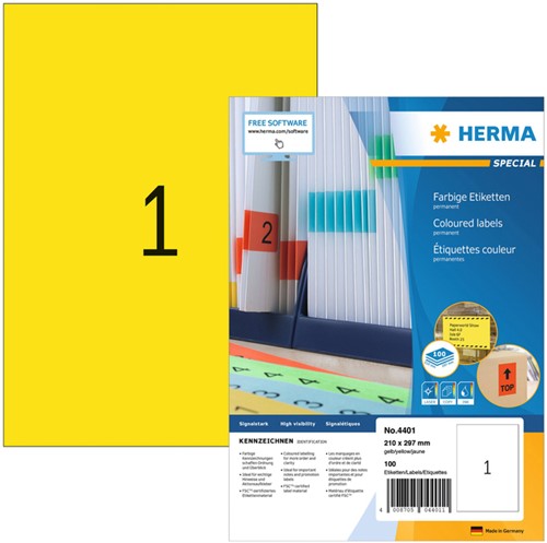 Etiket HERMA 4401 210x297mm A4 geel 100 stuks
