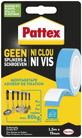 Plakband Pattex Super montage 20kg dubbbelzijdig voor binnen