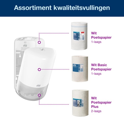 Poetspapierdispenser Tork M1 Elevation klein wit 558000-3