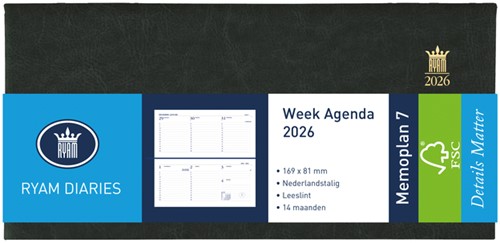 Agenda 2026 Ryam Memoplan 7 Mundior 7dagen/2pagina's landscape zwart