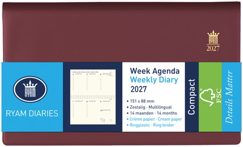 Agenda 2027 Ryam Compact Suprema 7dagen/2pagina's ringplastic bordeaux