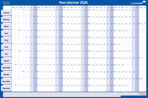 Jaarplanner 2026 Legamaster 90x60cm horizontaal gelamineerd en oprolbaar Engelstalig