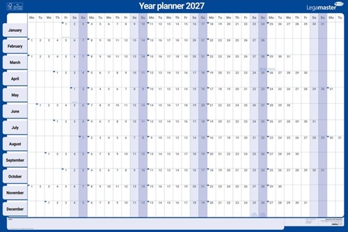 Jaarplanner 2027 Legamaster 90x60cm horizontaal gelamineerd Engelstalig