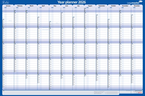 Jaarplanner 2026 Legamaster 1 persoon 90x60cm horizontaal gelamineerd Engelstalig