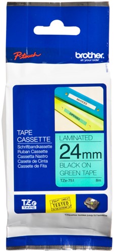 Labeltape Brother P-touch TZe-751 standaard 24mm zwart op groen