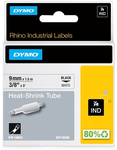 Labeltape Dymo Rhino industrieel krimpkous 9mm zwart op wit
