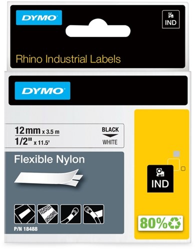 Labeltape Dymo Rhino industrieel nylon 12mm zwart op wit