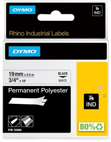 Labeltape Dymo Rhino industrieel polyester 19mm zwart op wit