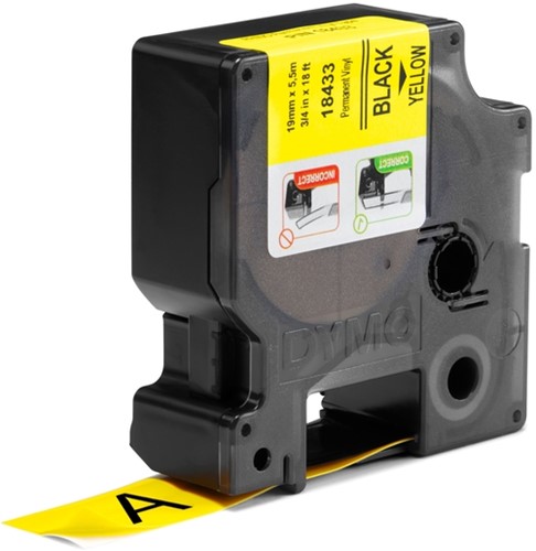 Labeltape Dymo Rhino industrieel vinyl 19mm zwart op geel-2