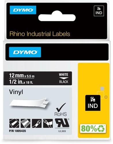 Labeltape Dymo Rhino industrieel vinyl 12mm wit op zwart