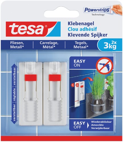 Klevende Spijker tesa® tegels & metaal 3kg verstelbaar wit 2 stuks